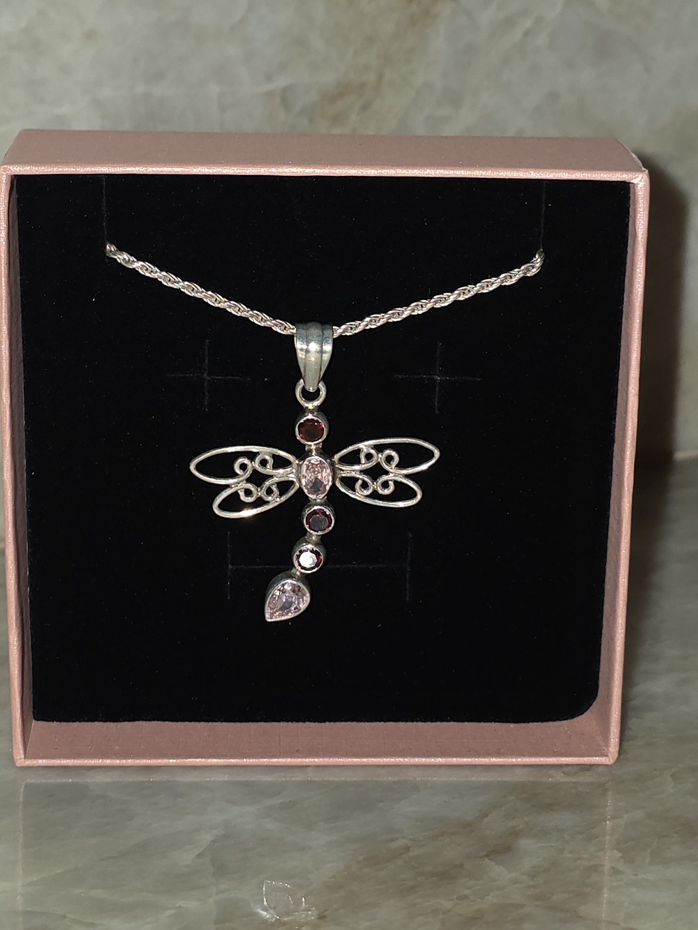 Sterling Silver Lucky Dragonfly Pink Red Garnet Necklace 19”